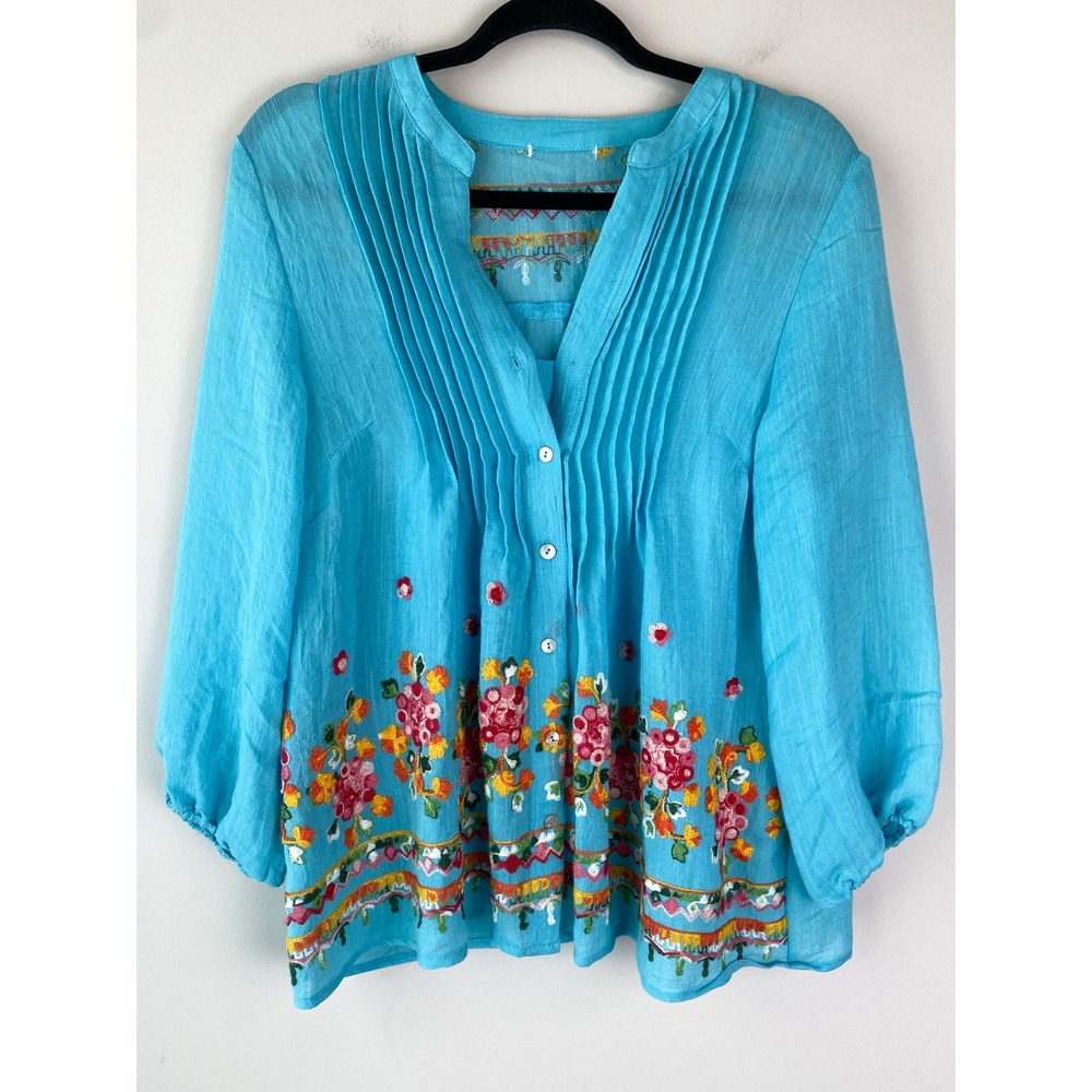 Turquoise Blue Embroidered Peasant Blouse Top Pintuck Floral Boho Balloon Sleeve